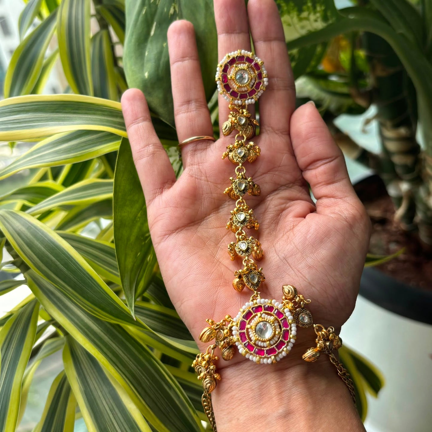 hand harness for both hands with polki and pearl in gold
