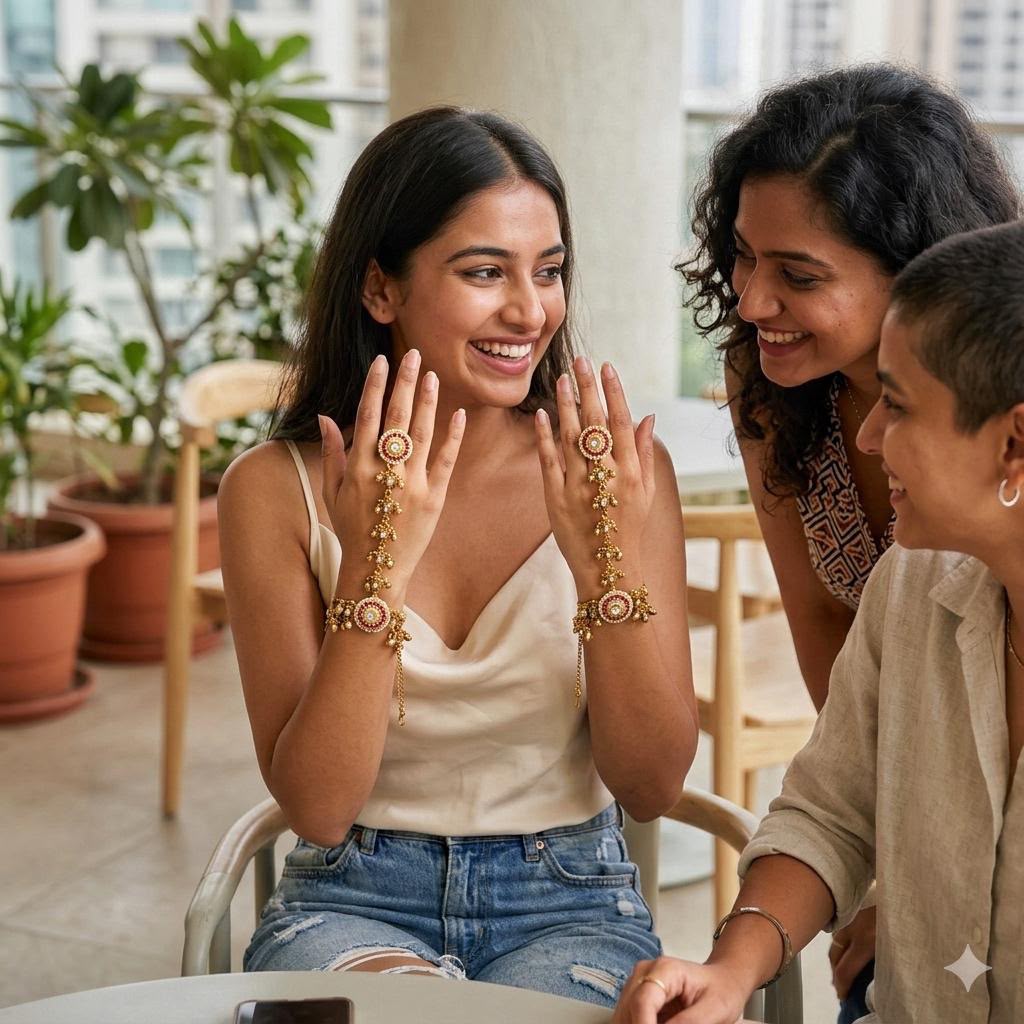 hand harness for both hands with polki and pearl in gold