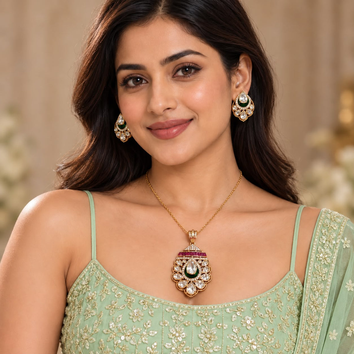 Woman wearing a Gold-toned traditional Indian pendant  set featuring a teardrop-shaped pendant and matching stud earrings, embellished with clear stones, a dark green enamel , and a row of red stones, displayed on a white scalloped tray.