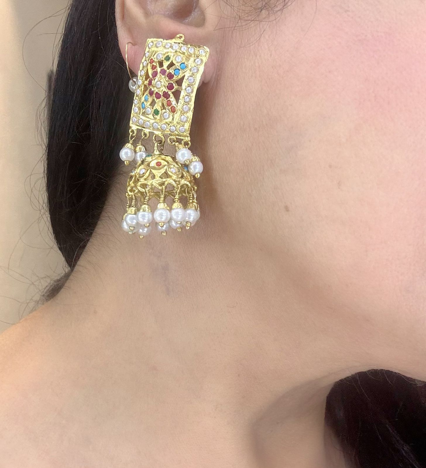 Multi stone Jadau light weight Jhumka Earrings with pearl drops