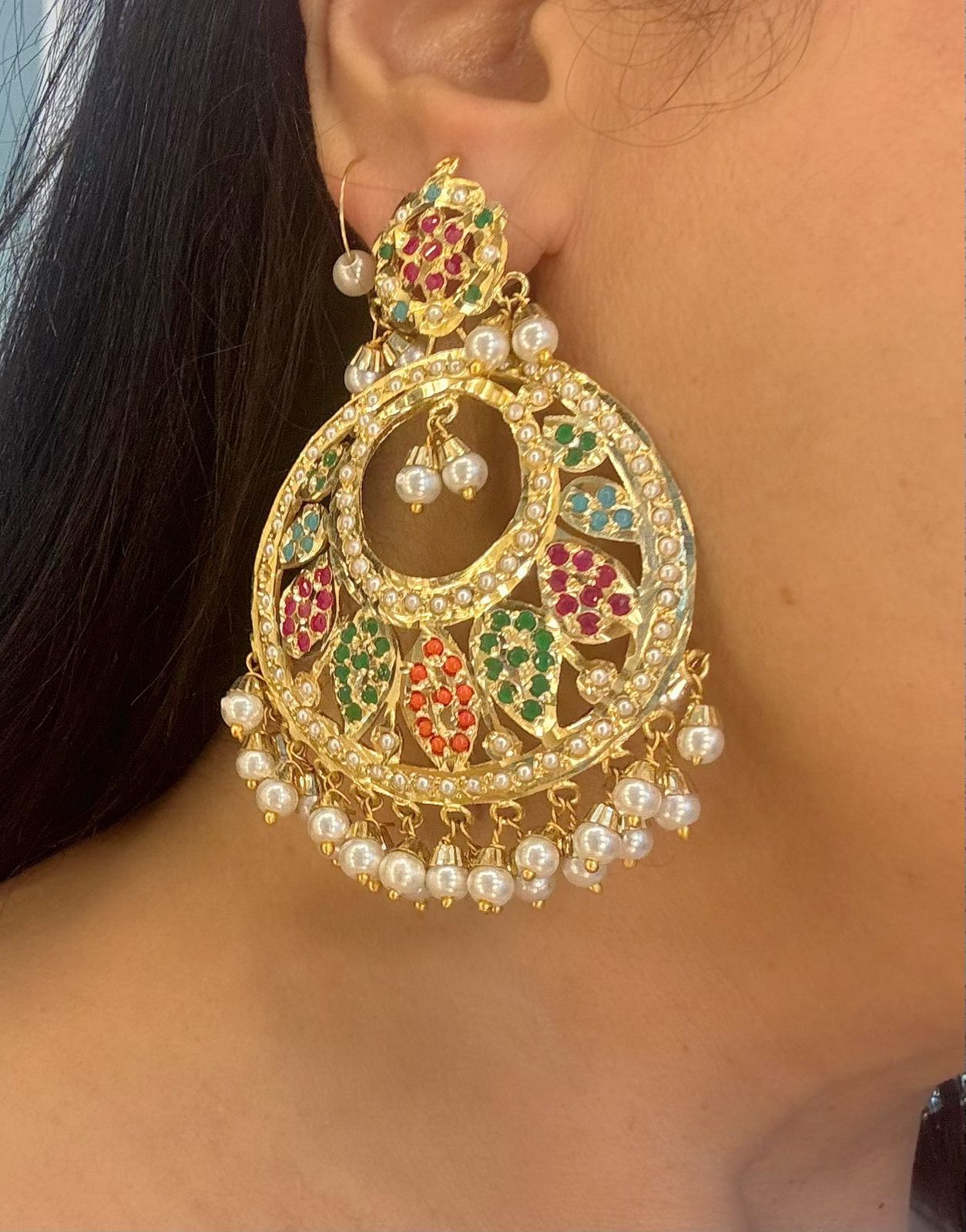 jadau multistone big size lightweight  chandbali earrings in gold