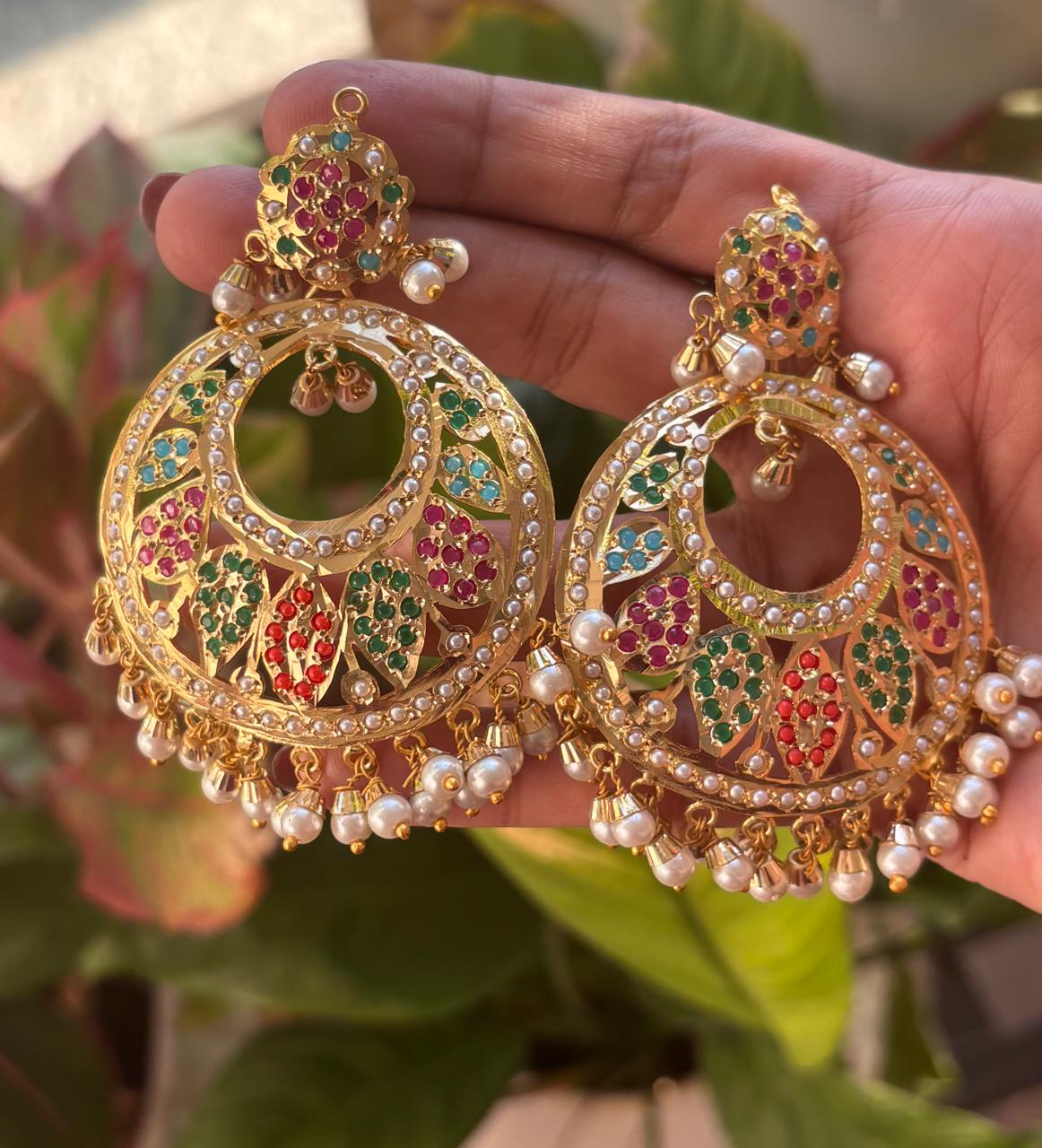 jadau multistone big size lightweight  chandbali earrings in gold