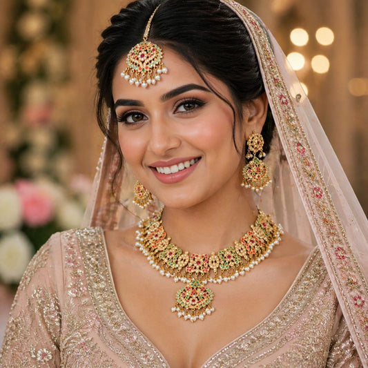 Bride wearing jadau multistone pearls royal Bridal necklace  set