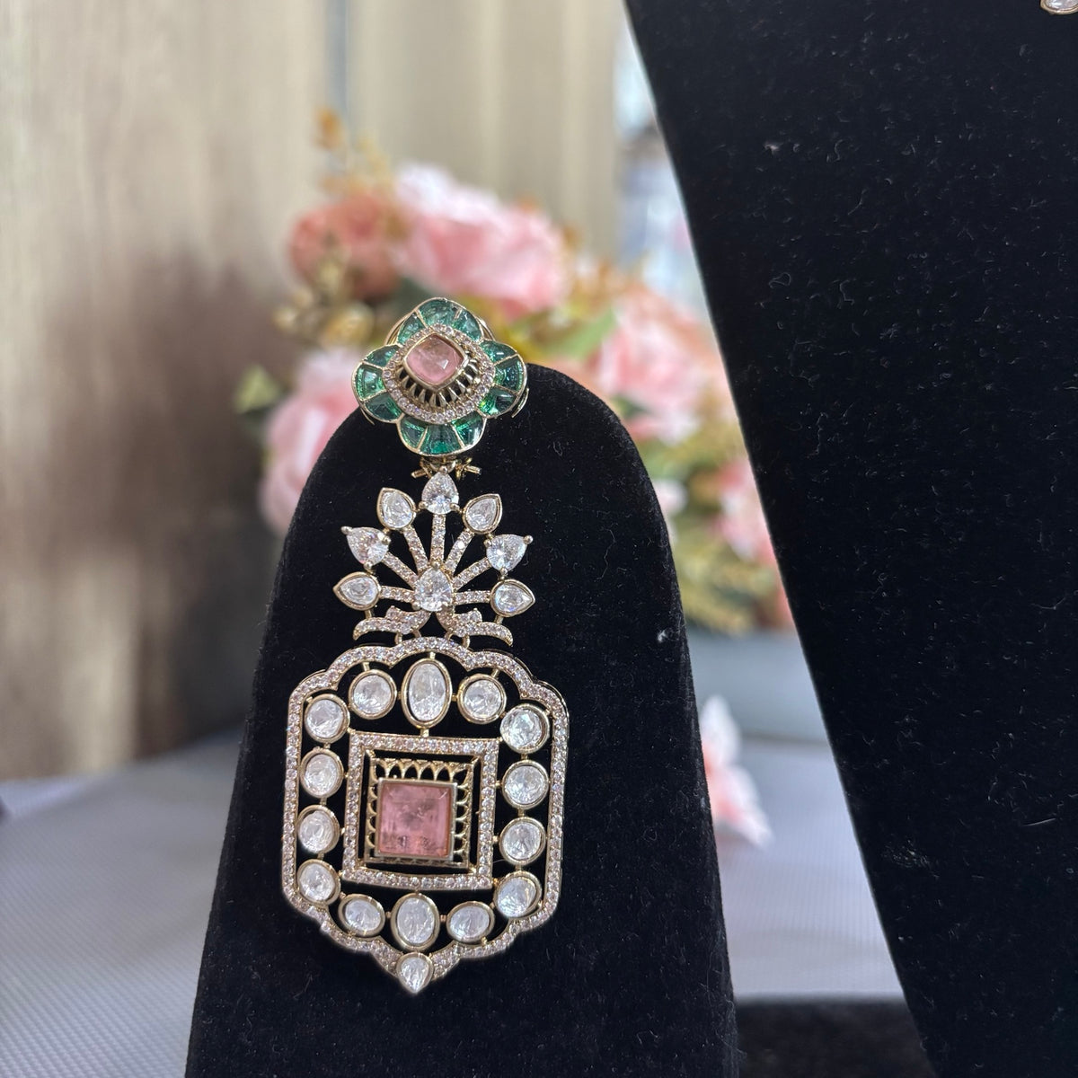 Kai Victorian drop earring with green epoxy floral top and light pink centre stone