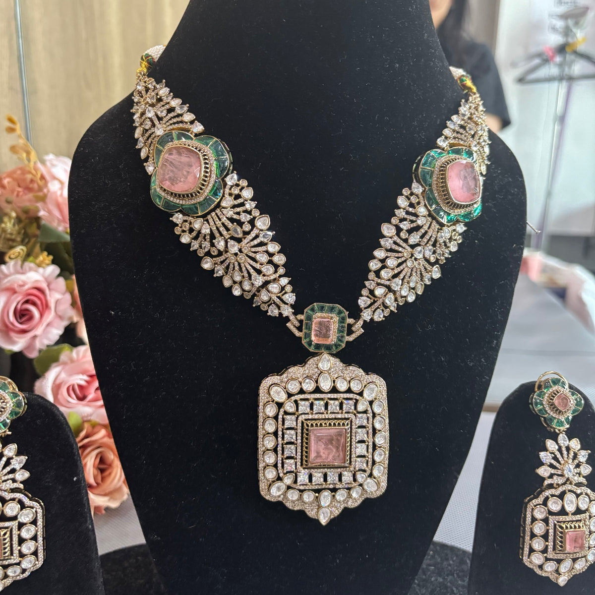 Kai Victorian necklace with Polki, American diamonds, light pink stones and green epoxy accents