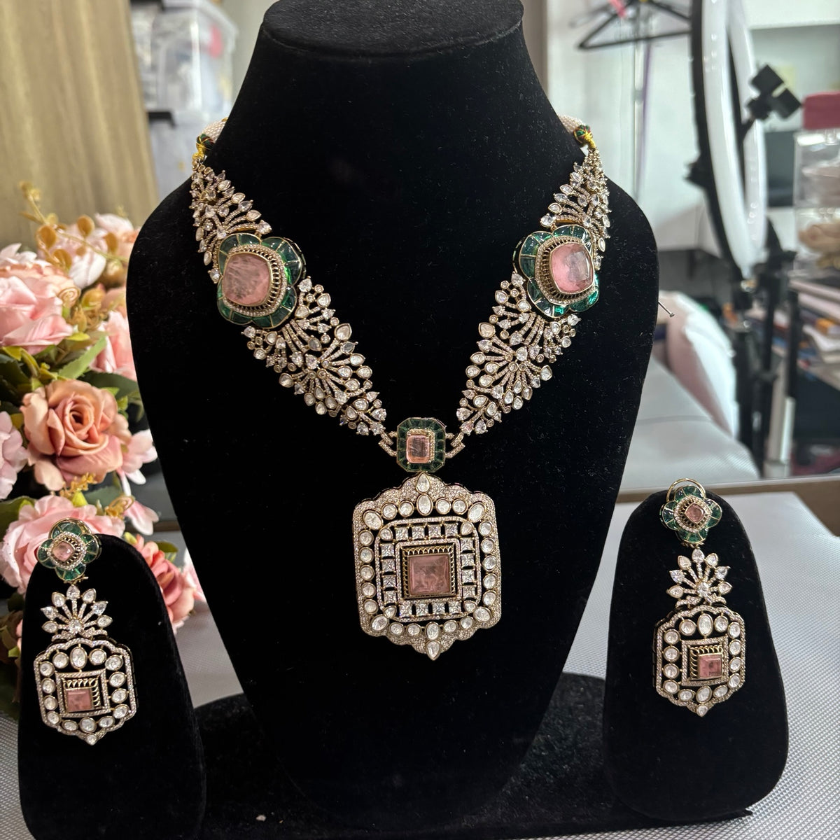 Kai pink and green Victorian necklace set with matching statement drop earrings