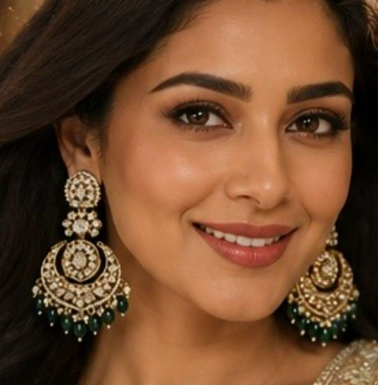 premium kundan chandbali earrings with green beads by Bebaak Jewels