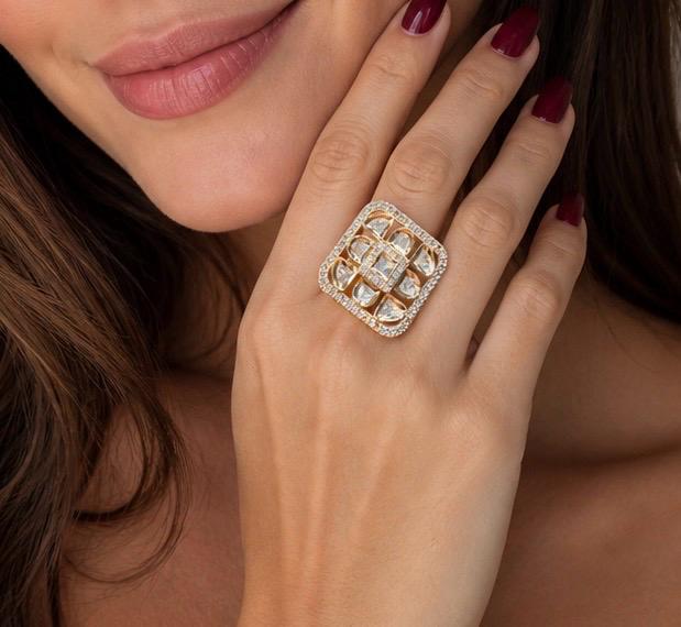  adjustable uncut polki moissanite and diamond ring in gold plating