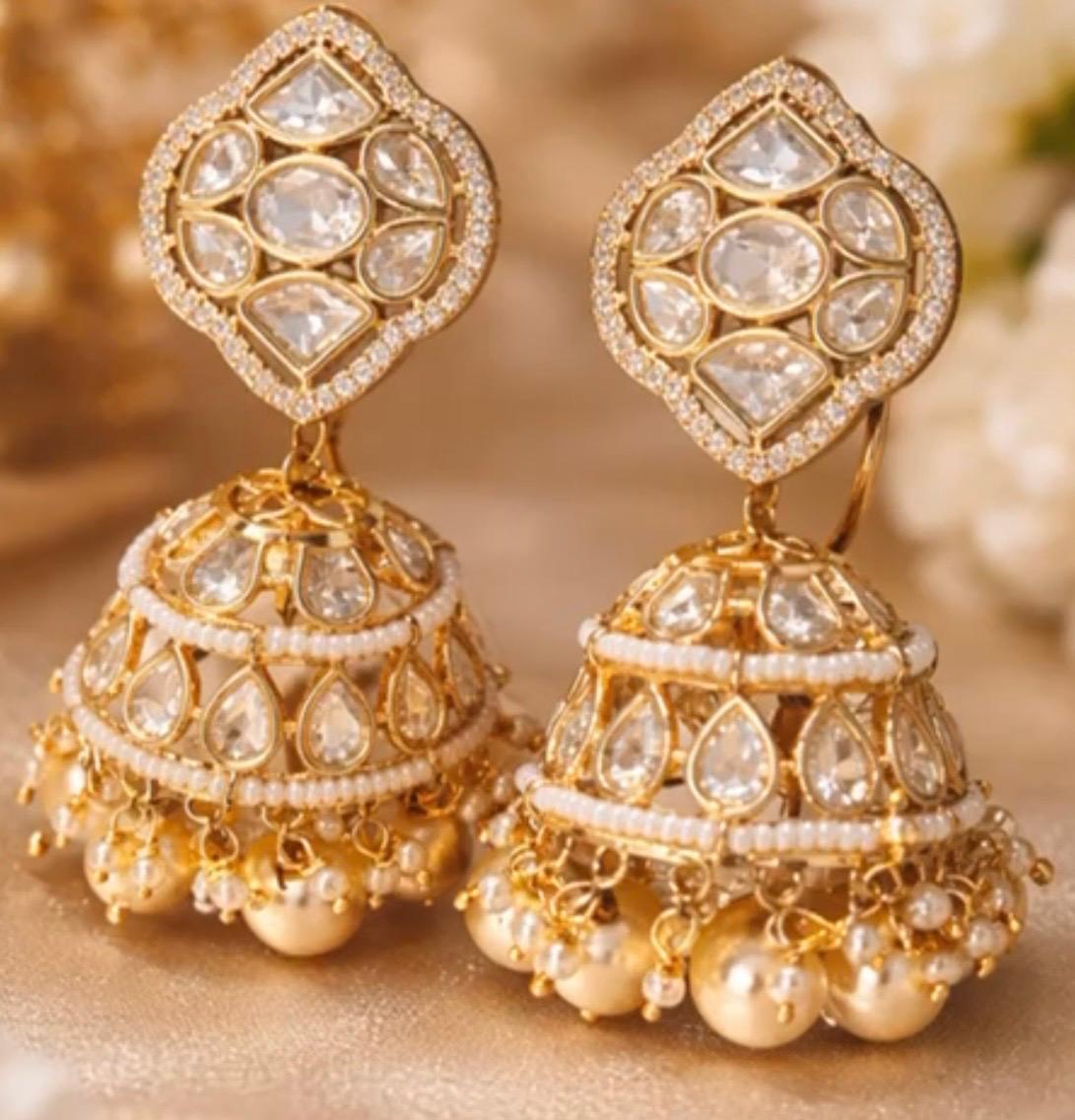  luxurius kundan and pearl Jhumkas earrings in gold plating