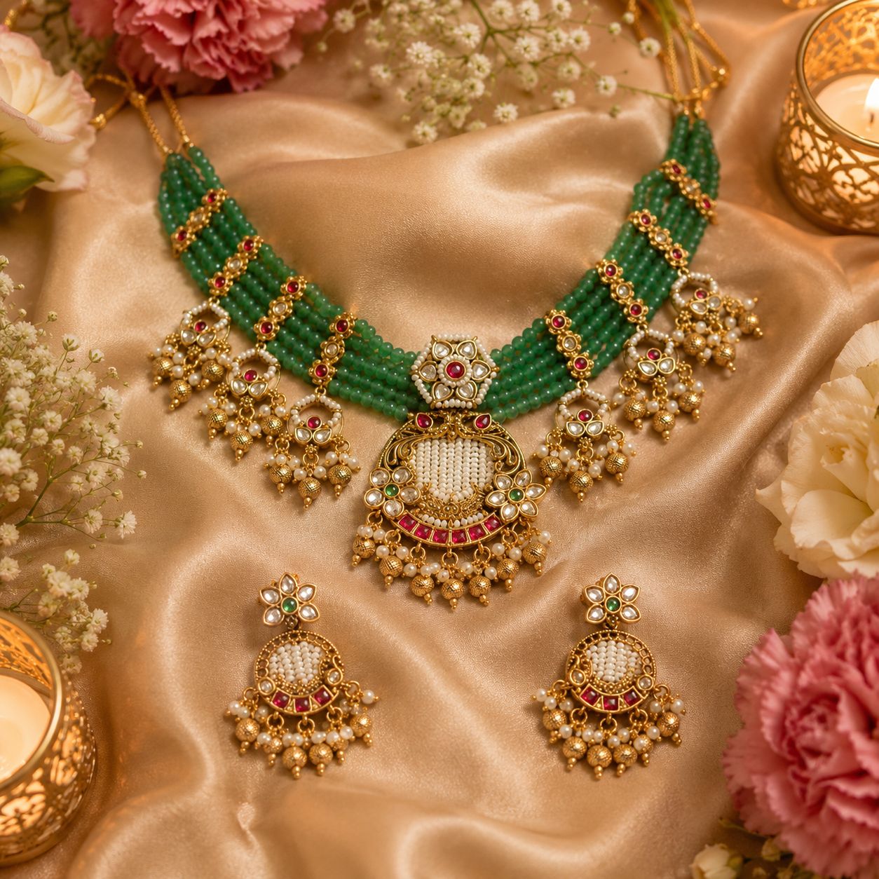  Emerald Beaded Kundan Choker Set with matching statement earrings in green beads, ruby accents and pearl detailing