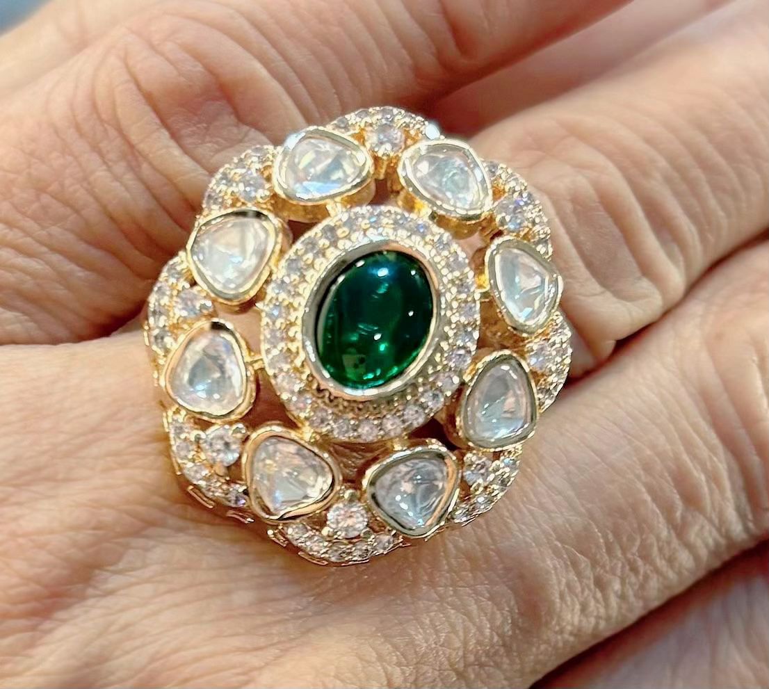 kundan and emerald adjustable gold ring