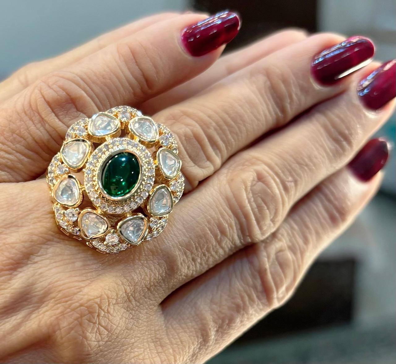 kundan and emerald adjustable gold ring
