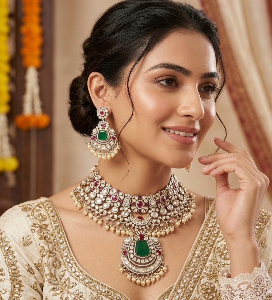 Royal Bridal  kundan polki moissanite set with rubies and emerald
