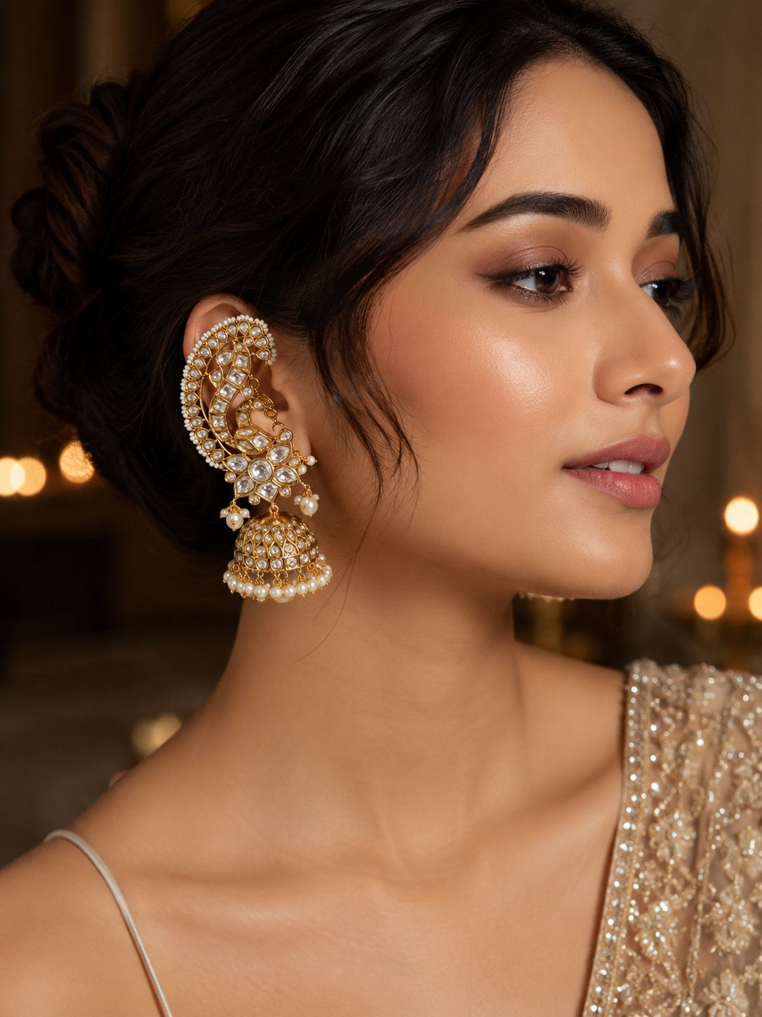 Young woman wearing Paisley Polki Ear Cuff Jhumka Earrings with pearl detailing by Bebaak Jewels