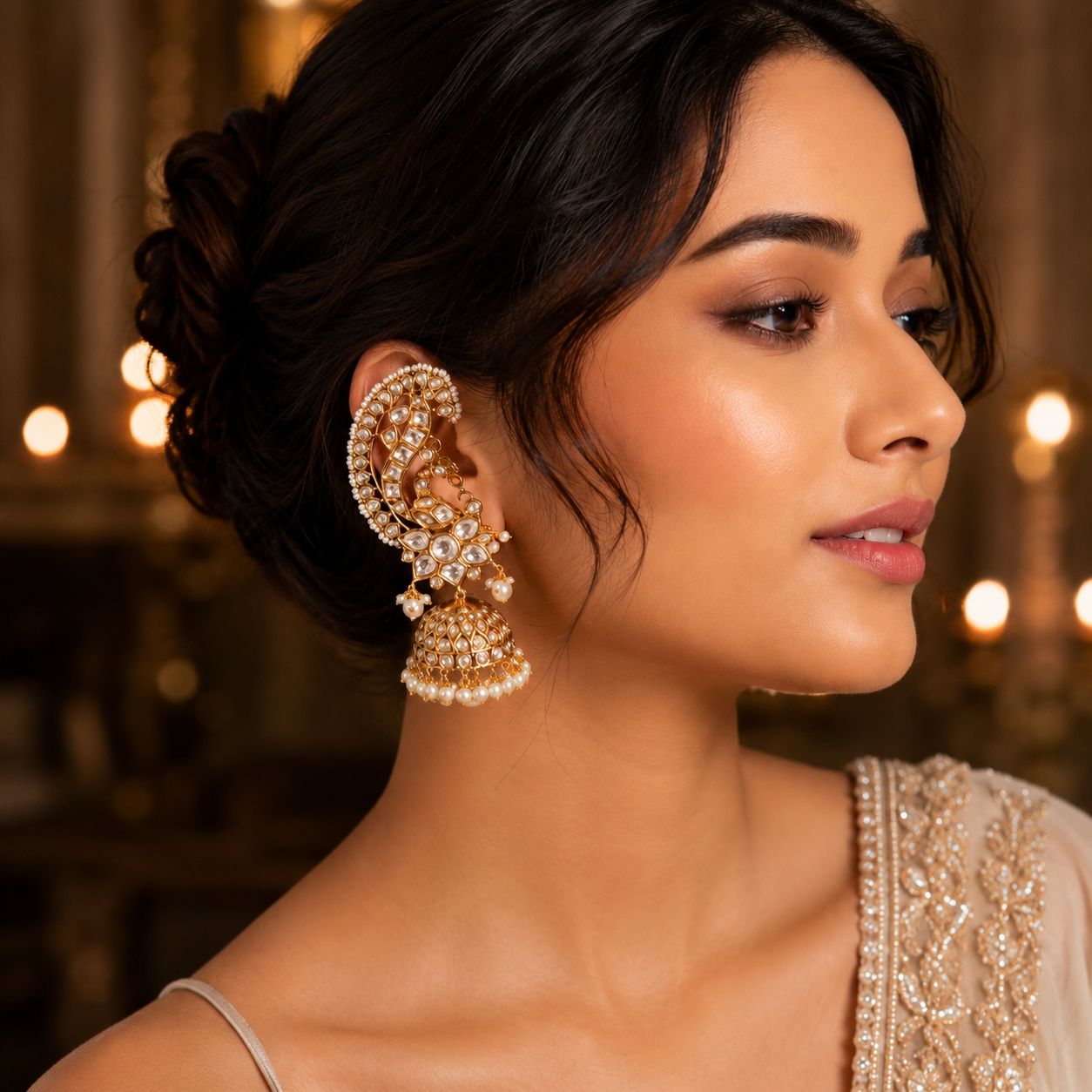 Young woman wearing Paisley Polki Ear Cuff Jhumka Earrings with pearl detailing by Bebaak Jewel