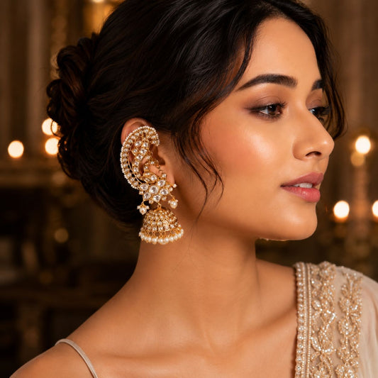 Young woman wearing Paisley Polki Ear Cuff Jhumka Earrings with pearl detailing by Bebaak Jewel