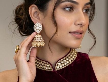 Kundan and pearl Jhumkas earrings in gold plating