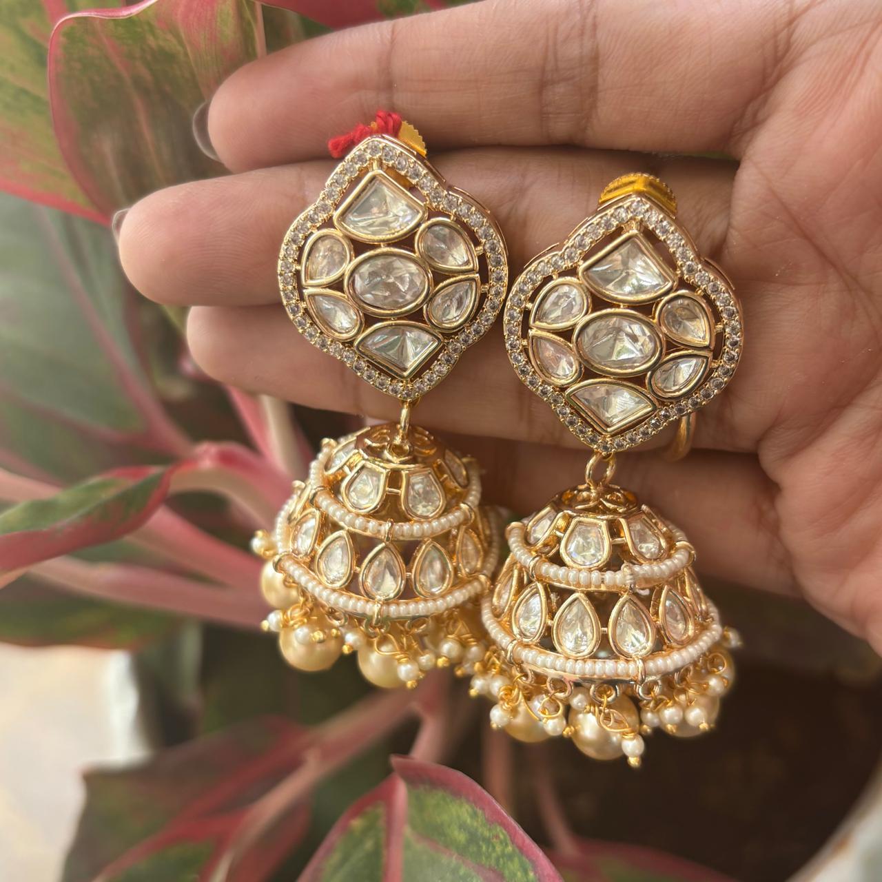  luxurius kundan and pearl Jhumkas earrings in gold plating