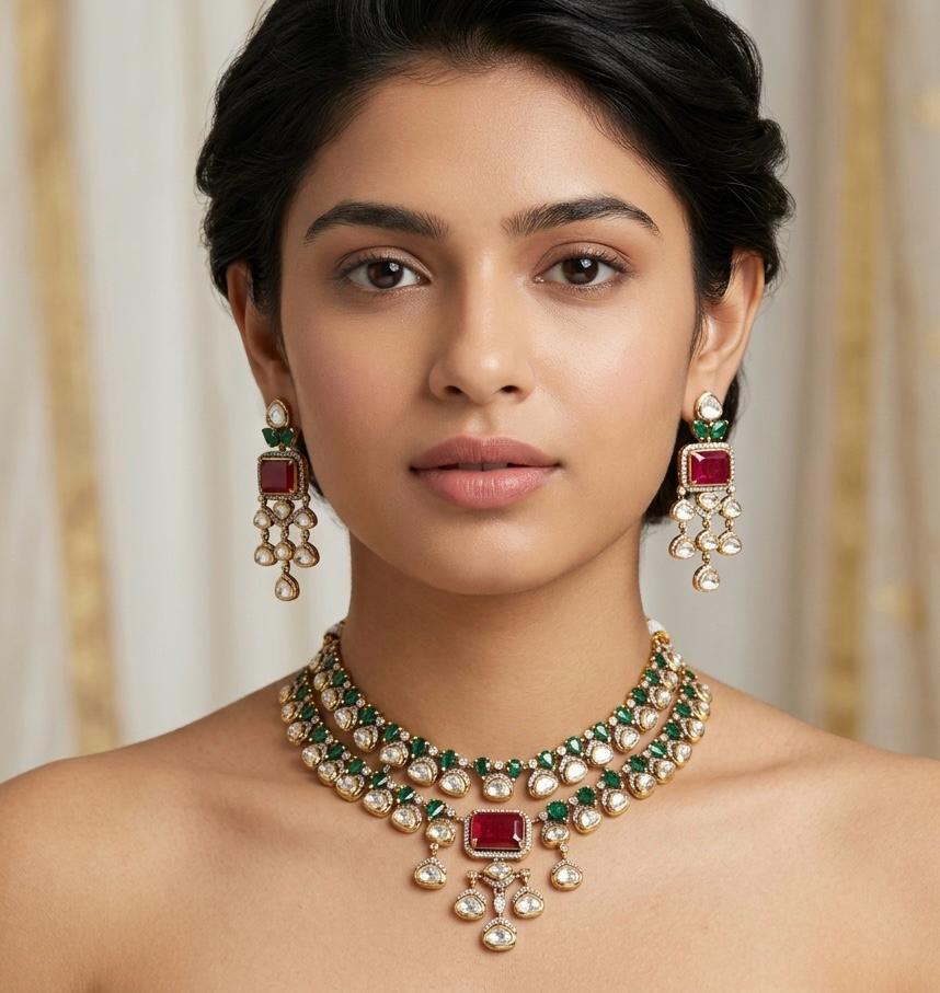  luxurious necklace and earrings with Ruby and polki uncut diamonds