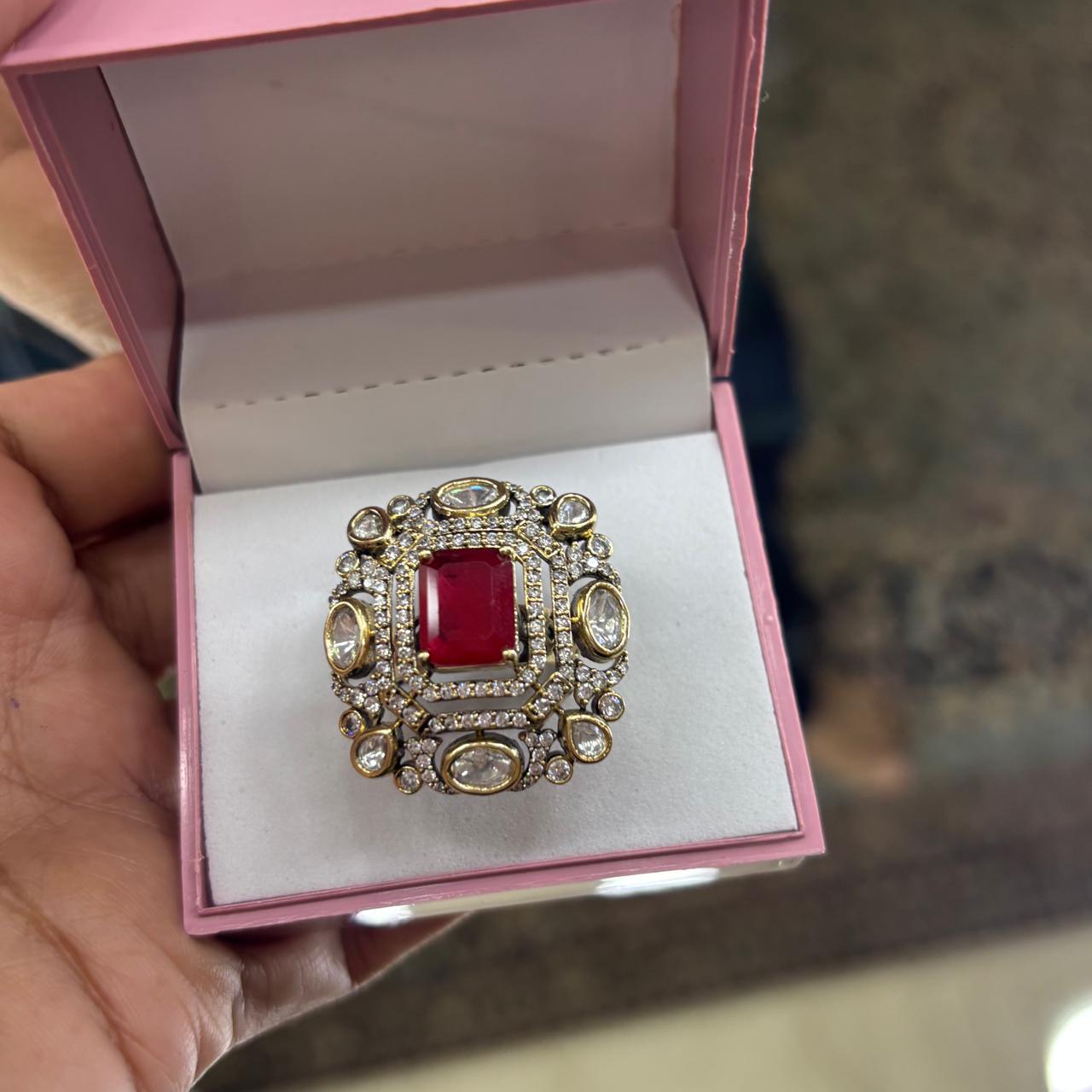 adjustable ruby kundan and diamonds finger ring