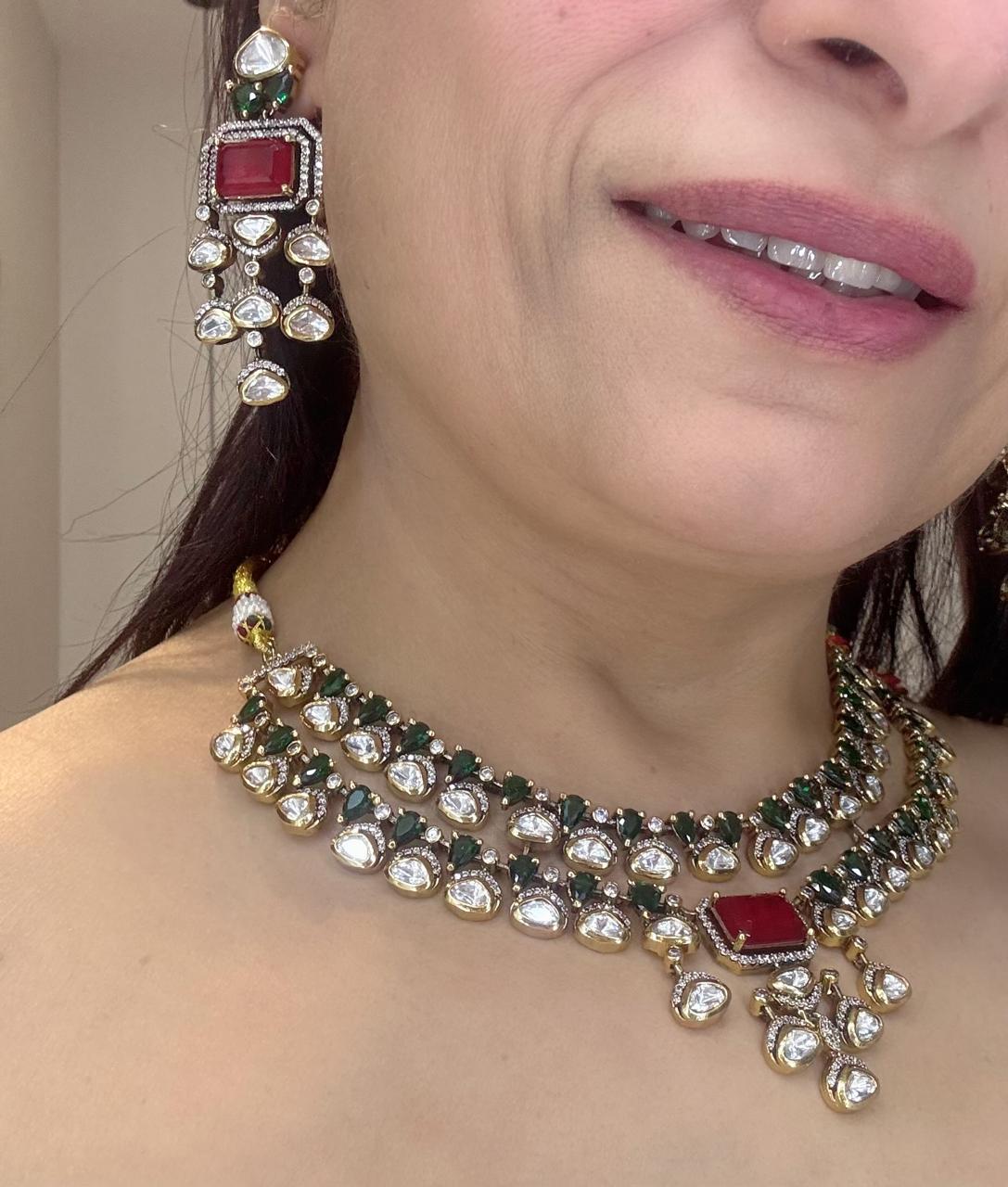  luxurious necklace and earrings with Ruby and polki uncut diamonds