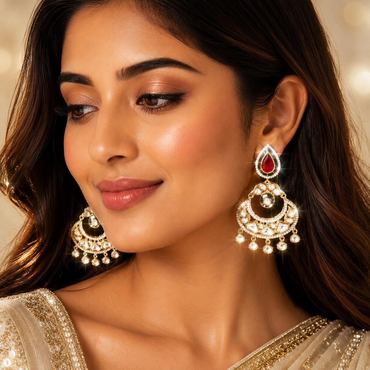 light weight kundan chandbali earrings in different colours in gold tone
