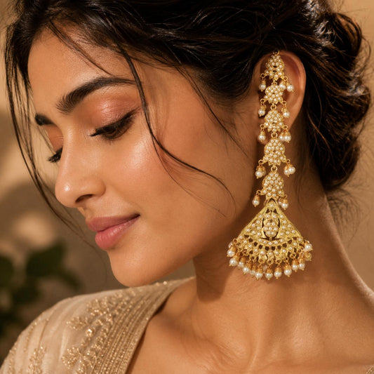 Pearls Jadau  gold plated Earrings with Kannauti  kanchain ear climber