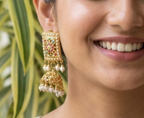 Multi stone Jadau light weight Jhumka Earrings with pearl drops