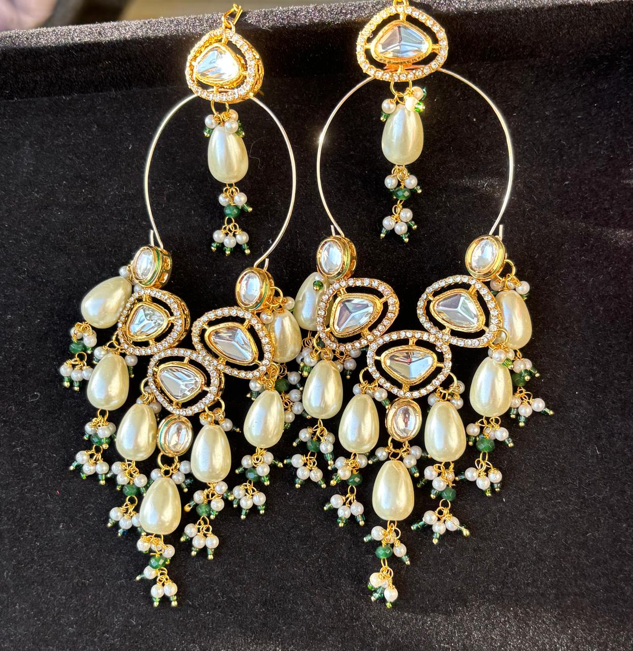 beautiful long earrings with pearl and polki moissanite diamond