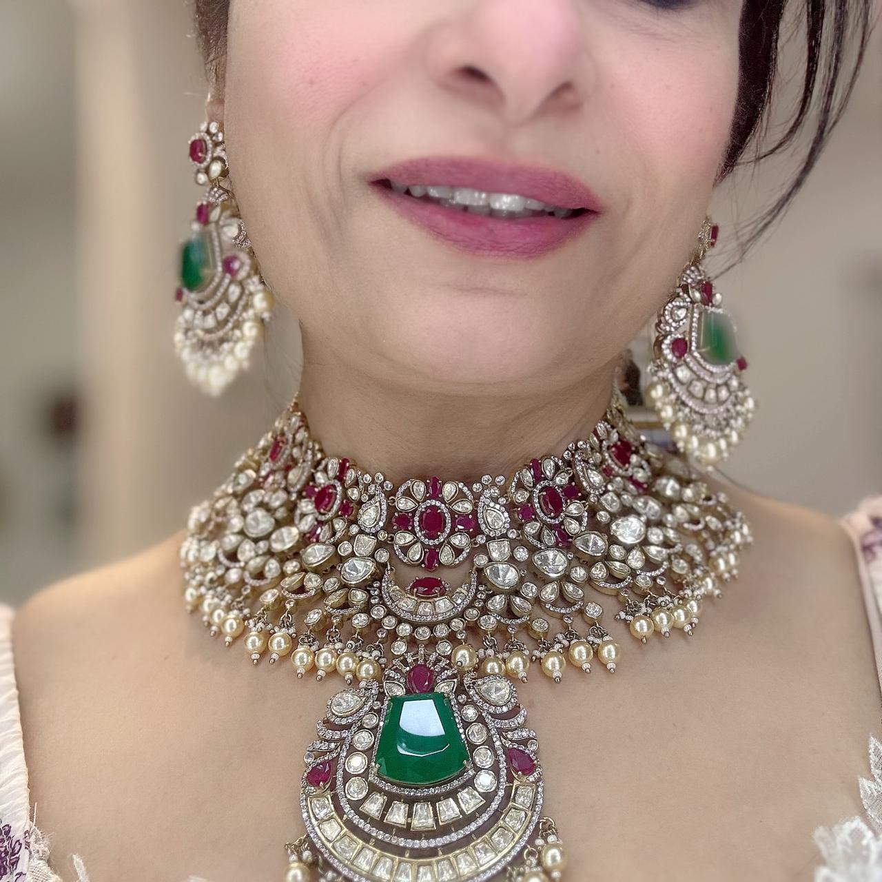 Royal Bridal  kundan polki moissanite set with rubies and emerald