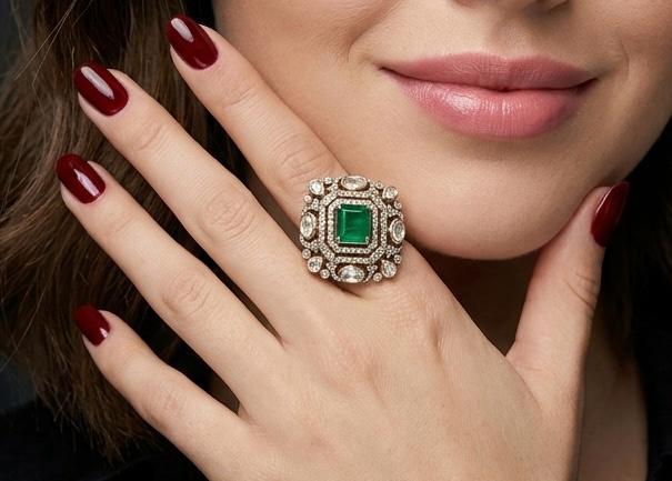  adjustable gold  finger  ring with Emerald , kundan and diamond