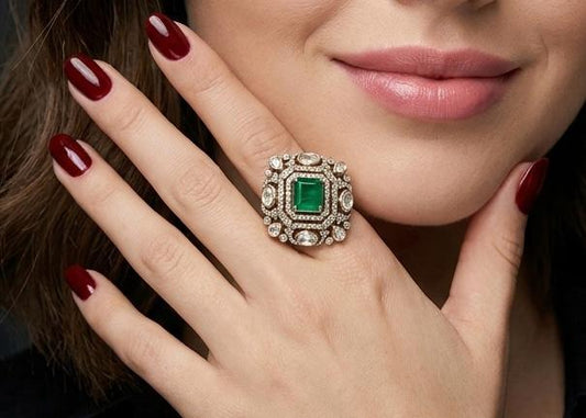  adjustable gold  finger  ring with Emerald , kundan and diamond
