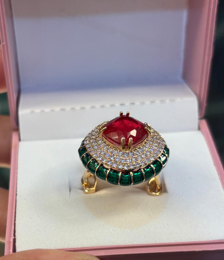 luxurious ruby and diamonds adjustable finger ring with green beads