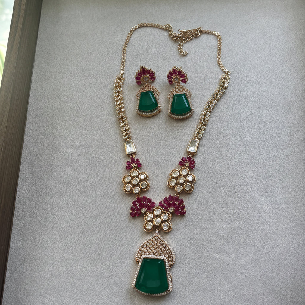 Ruby and Emerald with uncut Polki diamonds  Indo western Necklace Set for cocktail parties