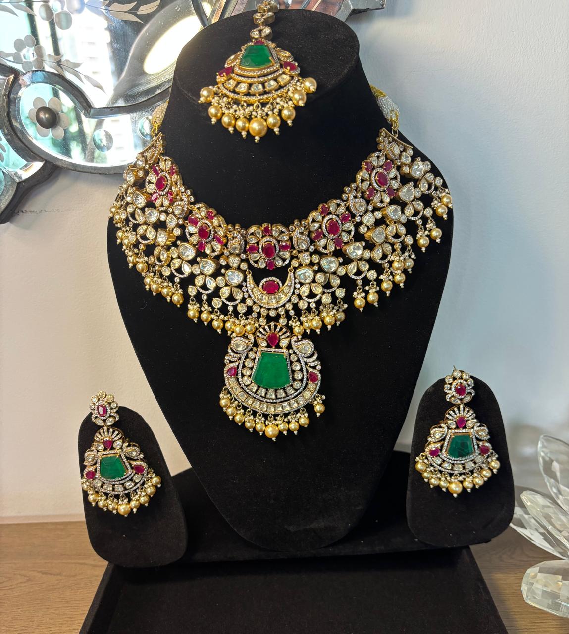 Royal Bridal  kundan polki moissanite set with rubies and emerald