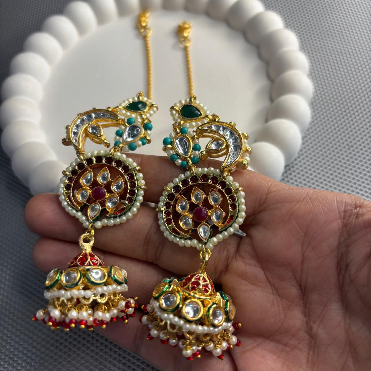 Handheld Traditional earcuff  Kundan jhumka earrings with ruby green turquoise accents and ear chains