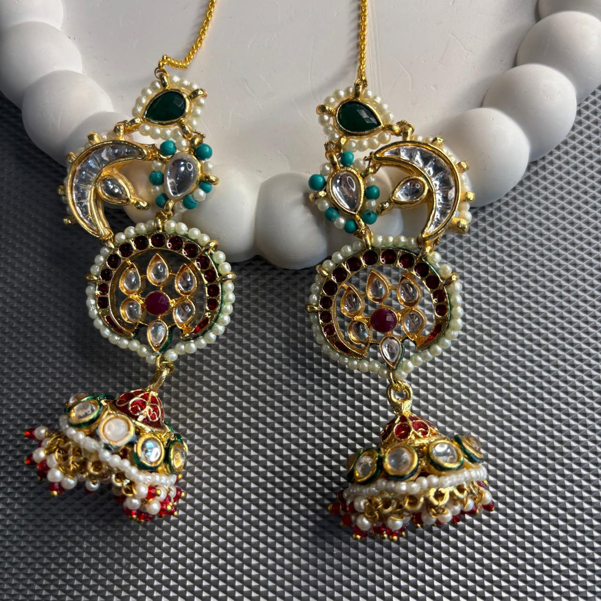 Full view of Traditional earcuff  Kundan jhumka earrings with ruby green turquoise accents and ear chains