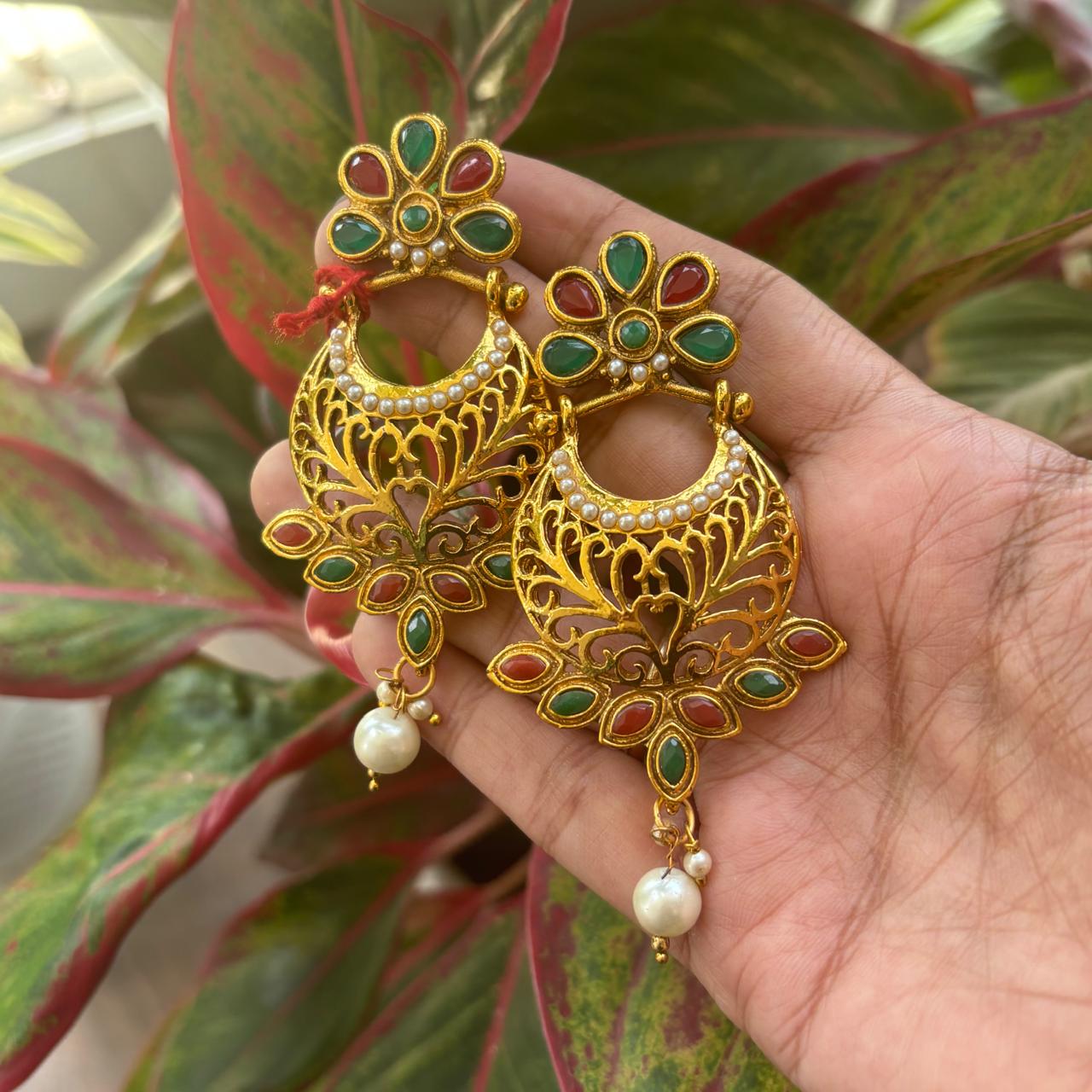  Gold meenakari earrings with pearl drop
