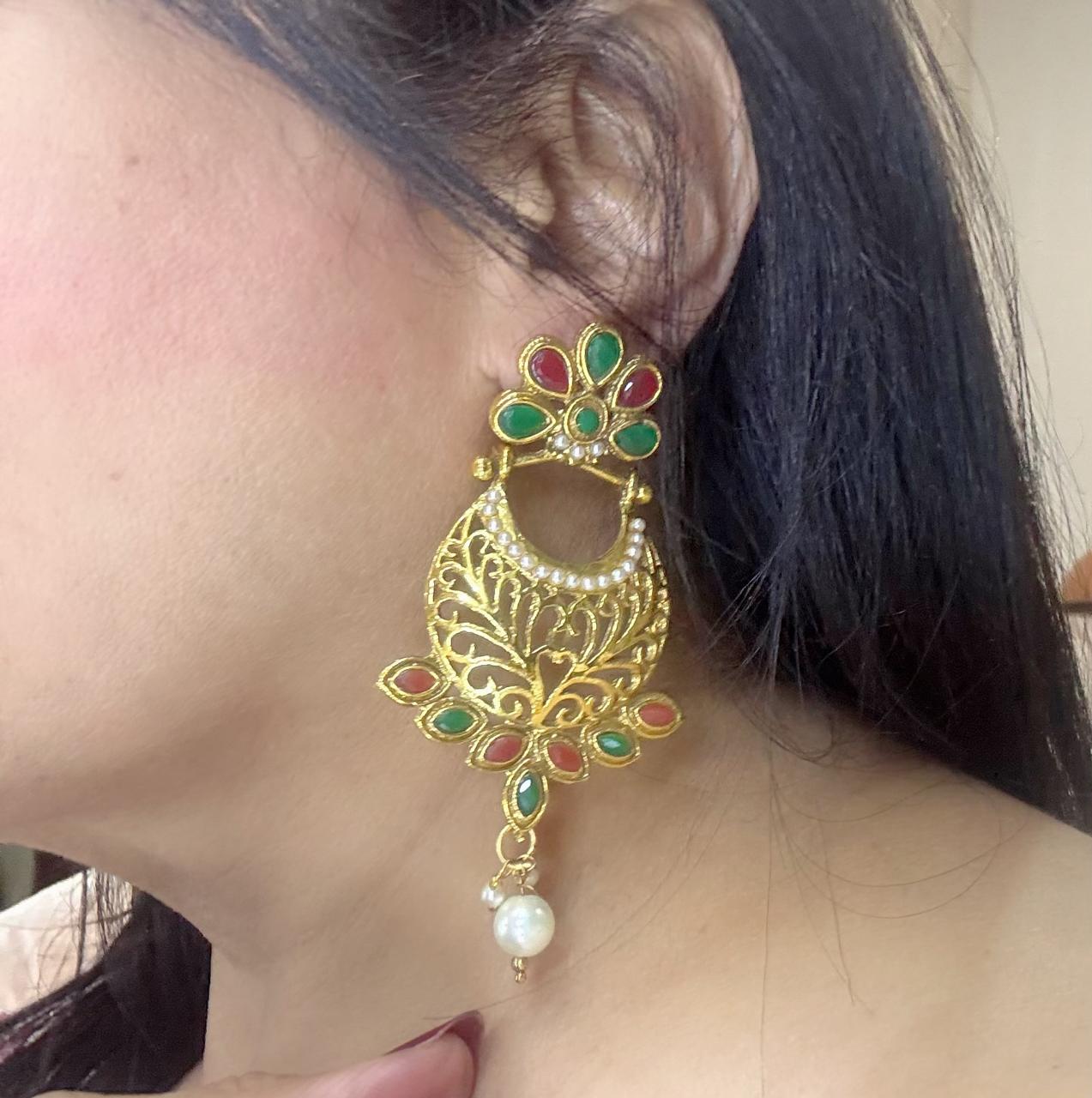  Gold meenakari earrings with pearl drop