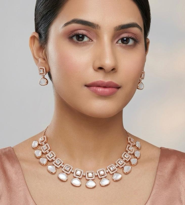 luxury mother of pearl diamond necklace set with elegant earrings