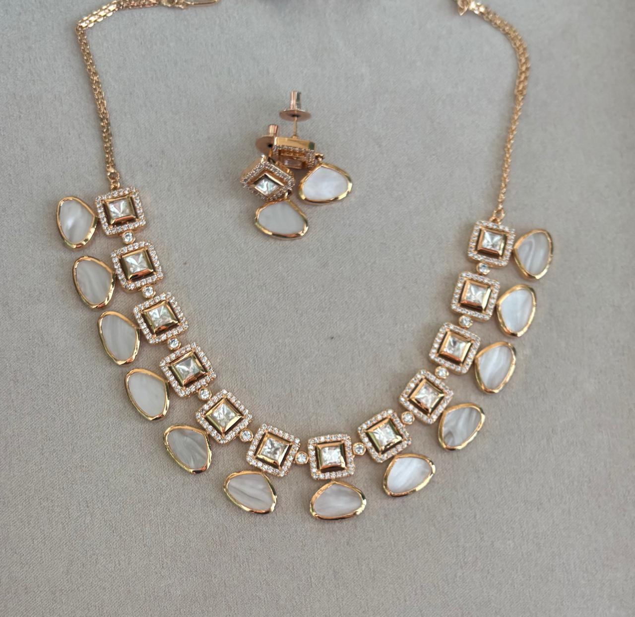 luxury mother of pearl diamond necklace set with elegant earrings