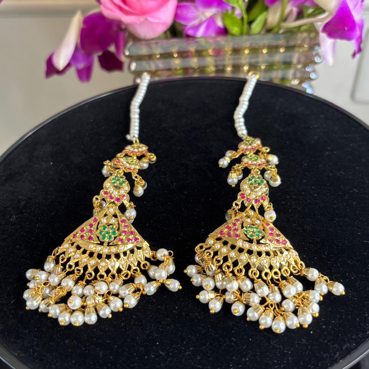 Multi stones Jadau  gold earrings with kanchain kannauti ear climbers
