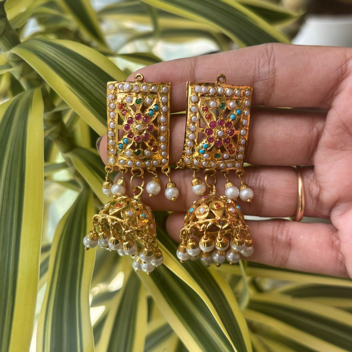 Multi stone Jadau light weight Jhumka Earrings with pearl drops