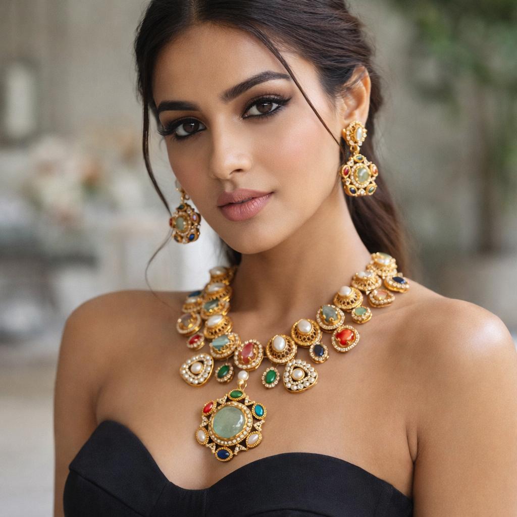 multi stones ,pearls and american diamond in an indo western necklace set with earrings