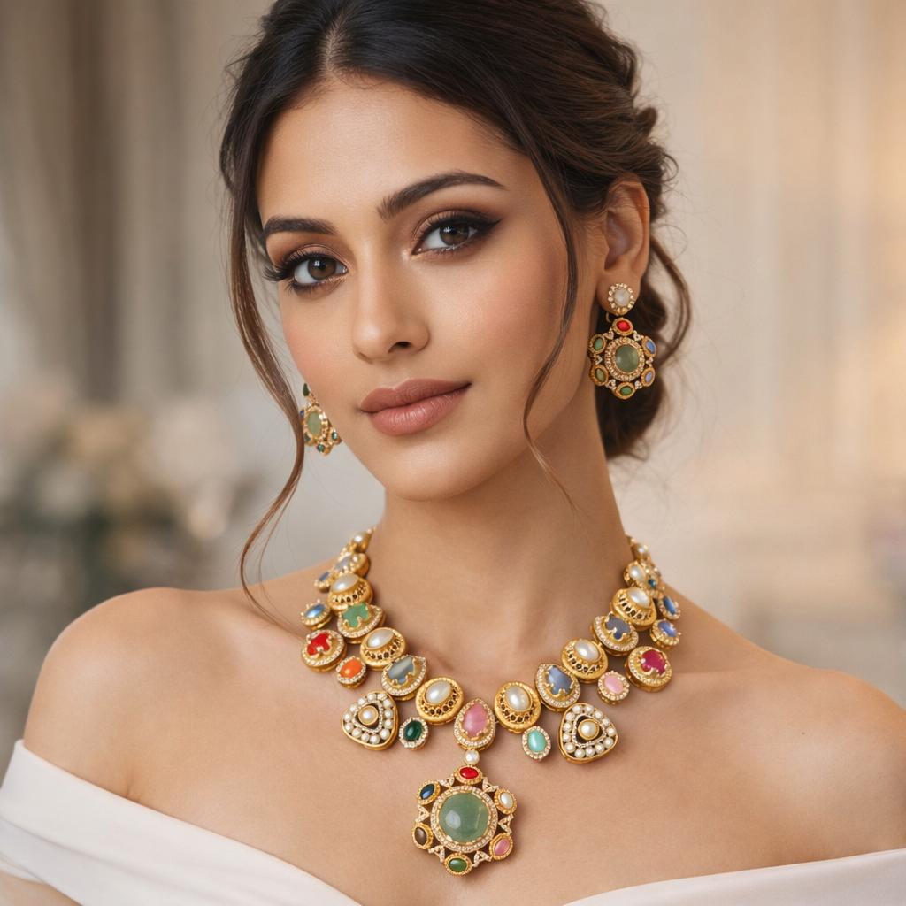 multi stones ,pearls and american diamond in an indo western necklace set with earrings