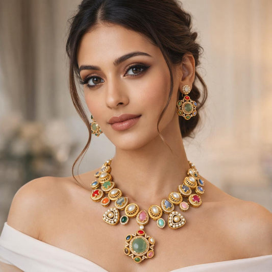 multi stones ,pearls and american diamond in an indo western necklace set with earrings