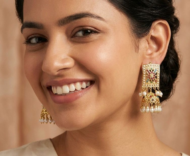 Multi stone Jadau light weight Jhumka Earrings with pearl drops