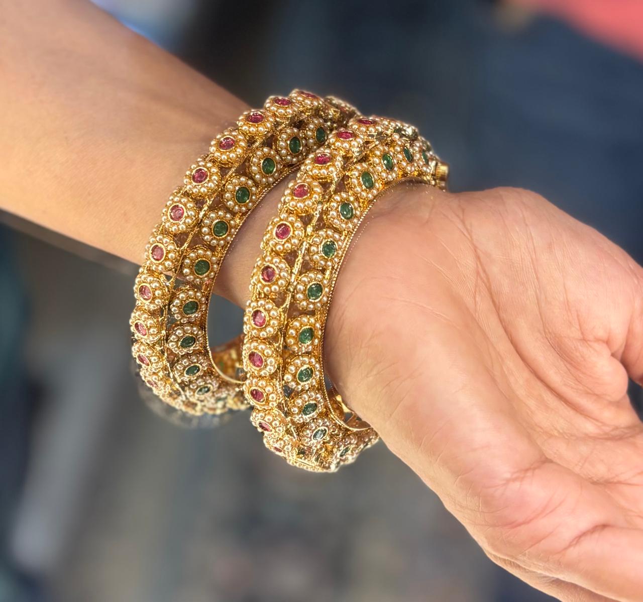 ethnic multistone  and pearls openable kada bangles  
