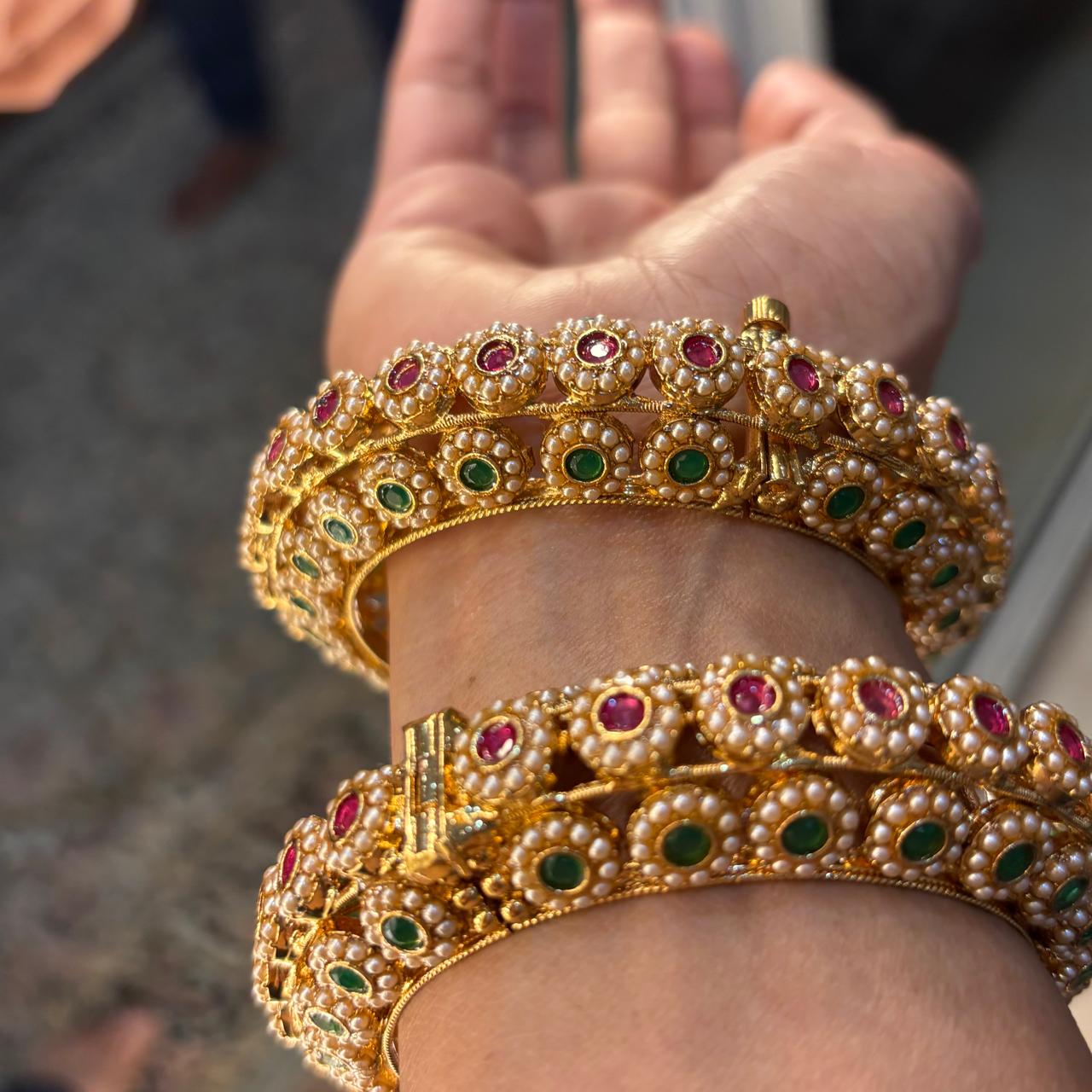 ethnic multistone  and pearls openable kada bangles  