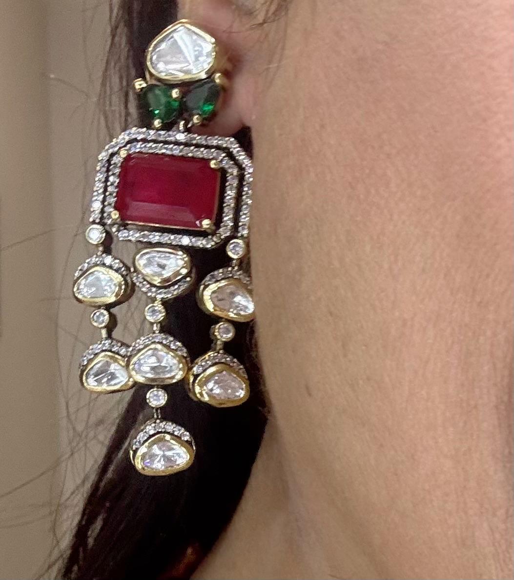  luxurious necklace and earrings with Ruby and polki uncut diamonds